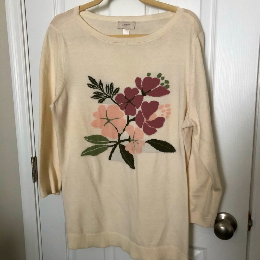 Cream Ann Taylor Floral Sweater XL OVERSIZED